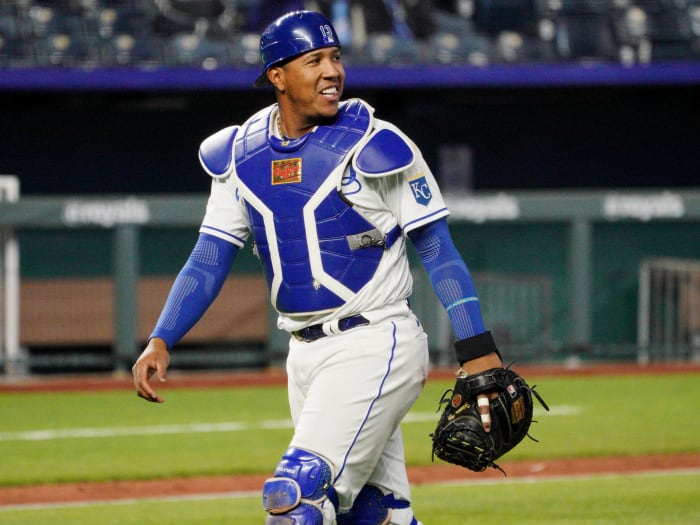 Apr 15, 2021; Kansas City, Missouri, USA; Kansas City Royals catcher Salvador Perez walks back to home after making a play in the ninth inning against the Toronto Blue Jays at Kauffman Stadium.